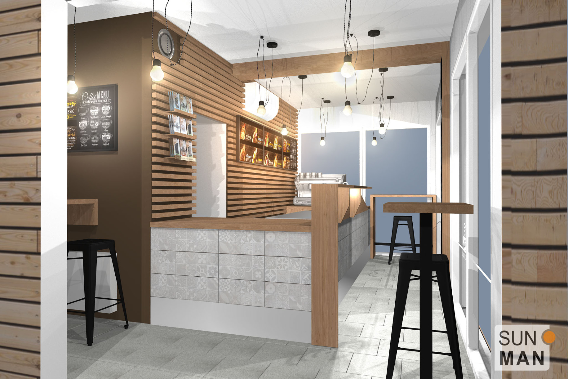 Vizualizace interiéru bistra Espresso u automyčky v Kladně
