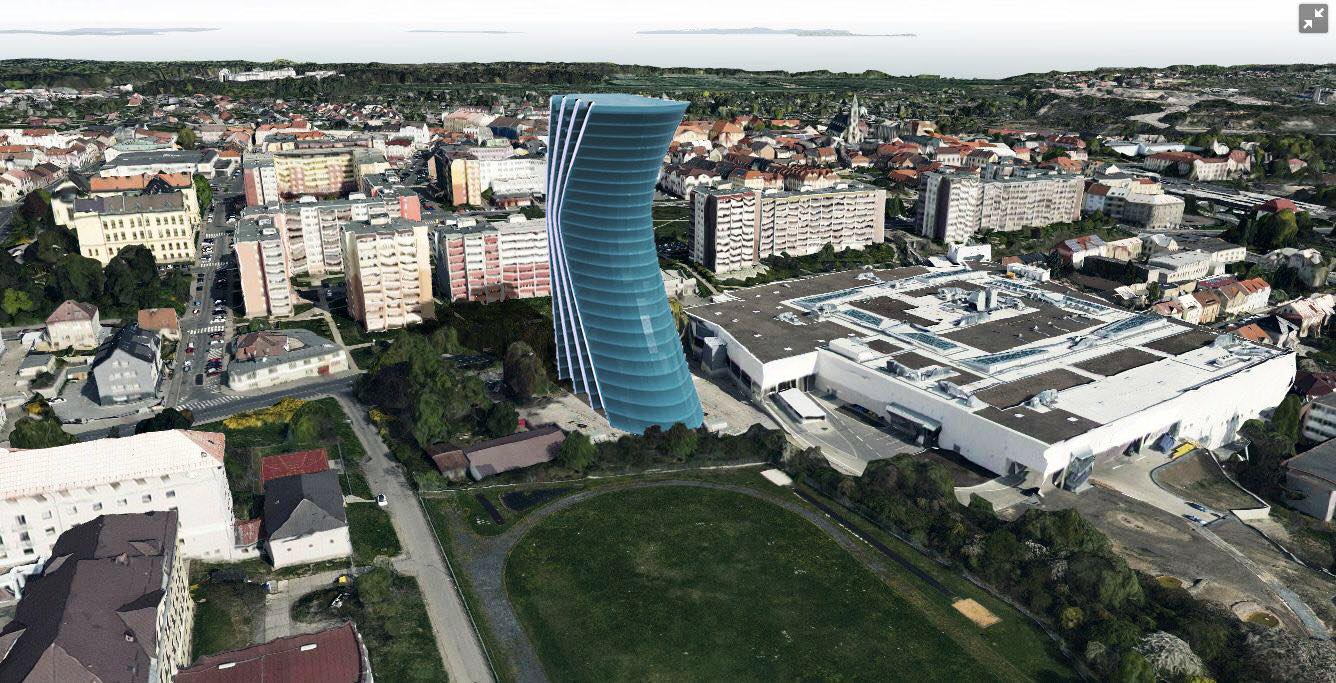 Vizualizace věžové budovy u obchodního centra