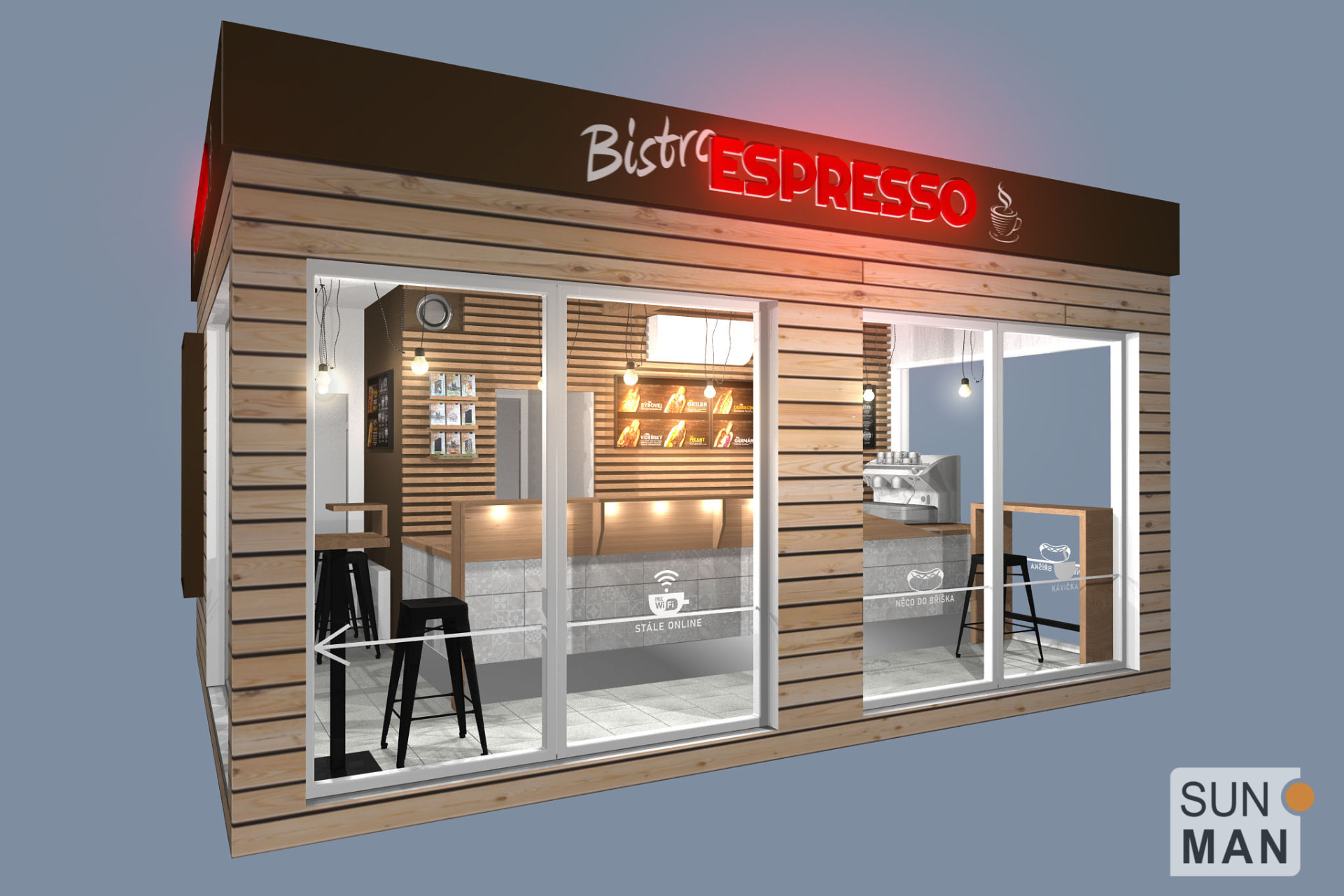 Vizualizace bistra Espresso z čelního pohledu