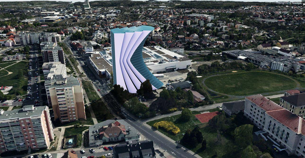 Vizualizace výškové budovy v městské zástavbě