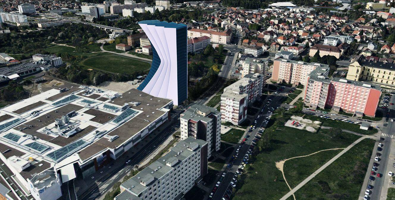 Vizualizace výškové budovy u obchodního centra