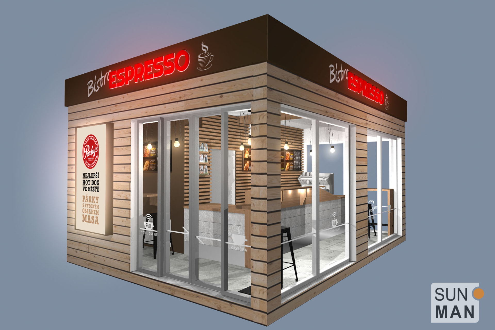 Vizualizace pavilonu Bistro Espresso s dřevěným obkladem